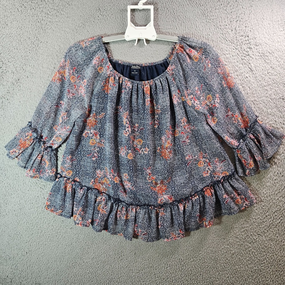 Lucky Brand Cropped Top Women Medium Geometric Print‎ Ruffle Sleeve & Hem Boho